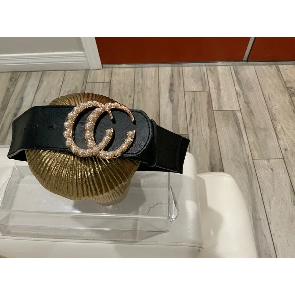 Women Black Elastic‎ Wide Waist Belt Gold Pearl Interlocking C Buckle Statement